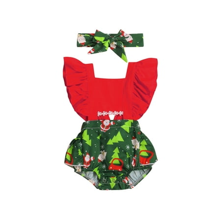

Seyurigaoka Baby Girls Christmas Santa Claus Print Square Neck Fly Sleeve Baby Romper with Hairband