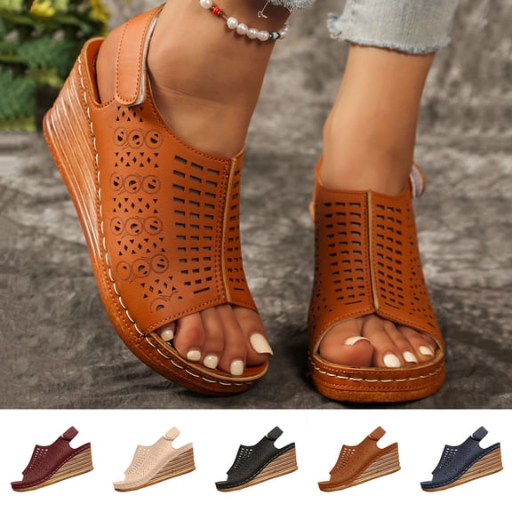 Plus Size Wedge Sandals for Womens Summer Versatile Hollow Buckle Fish Mouth Spring And Summer Thick Bottom Wedge Sandals