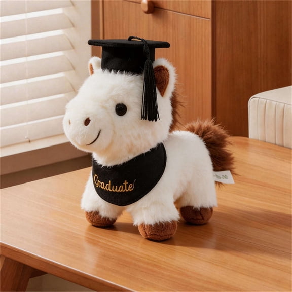 Xecvkr Graduation Plush Toy Doctoral Cap Stuffed Pony Animal Decorative Gift Keepsake Congratulation Party School Home and Office Decor White