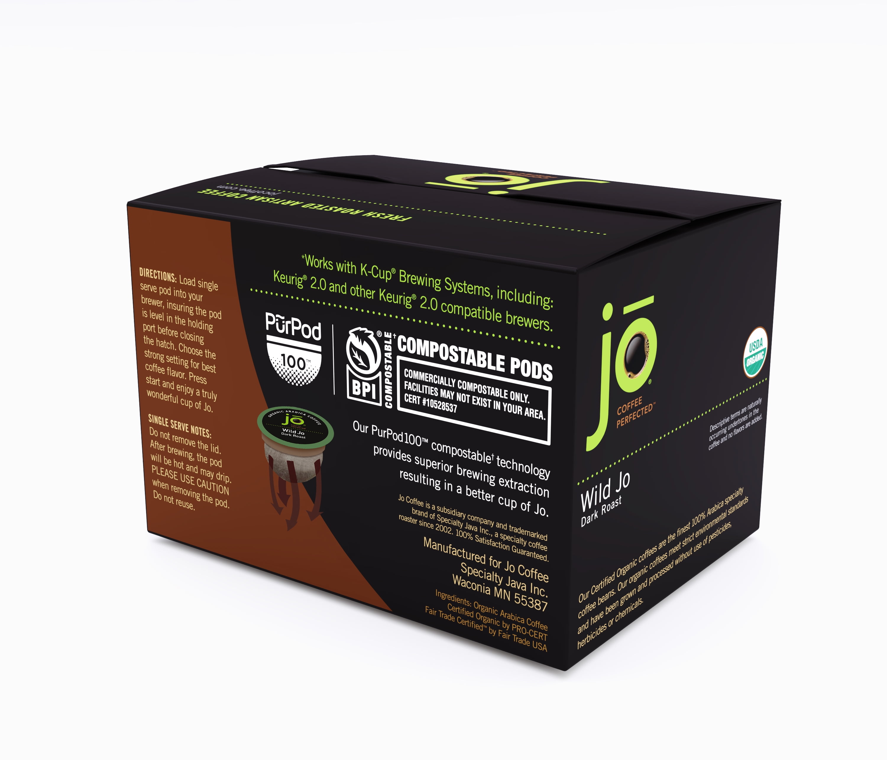 WILD JO: 24 Organic Dark French Roast Compostable Coffee Pods for Keurig K-Cup Compatible Brewers, Bold Strong Rich Wicked Good, Fair Trade Certified Gluten Free (2-Pack)