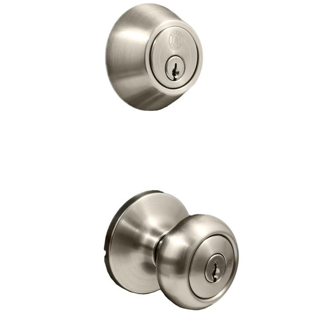 Combinación de pomos para puerta Stone Harbor Hardware Highland, níquel satinado