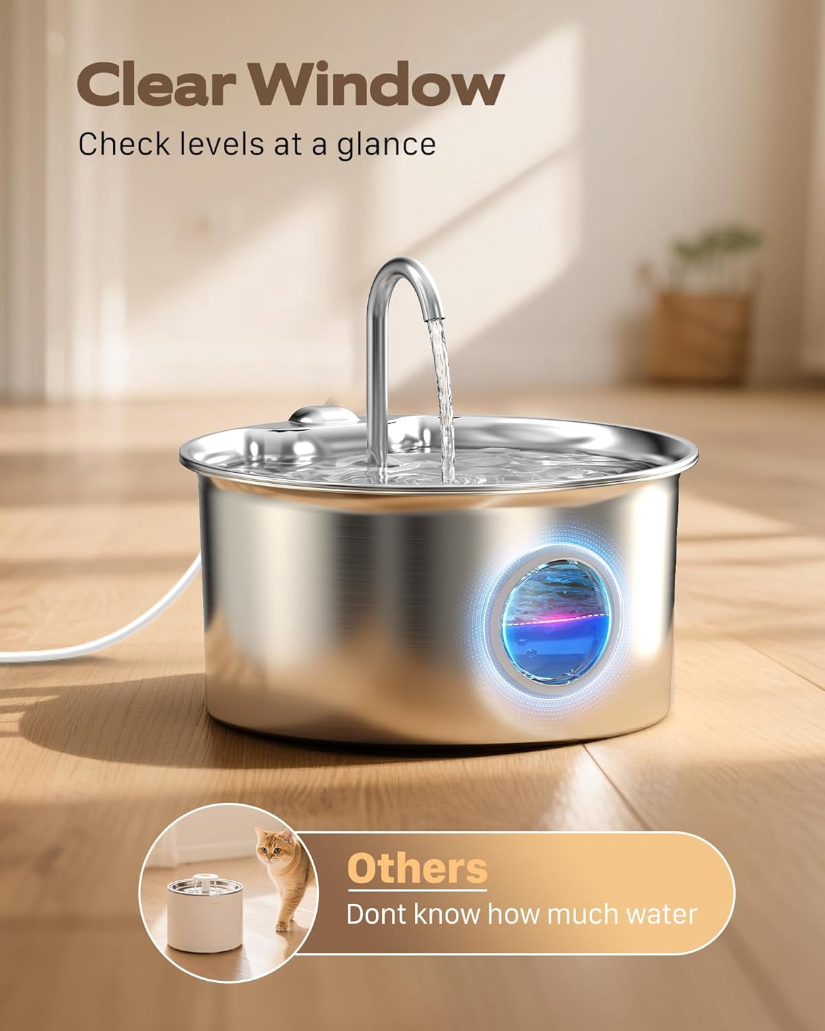 Stainless Steel Pet Water Fountain with 8 Filters and Sponges - 88oz/2.6L Quiet Cat Waterer Bowl Dispenser for Indoor Cats