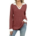 thumbnail image 2 of Women'S V Neck Sweaters Pullover Color Block Collar Long Sleeves Loose Fit Casaul Tunic Tops Shirts Rust Red M, 2 of 9