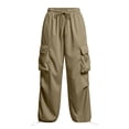 thumbnail image 3 of Women's Cargo Pants, Elastic Waist Drawstring Joggers, Loose Fit Baggy Work Pants with Pockets, Casual Streetwear Trousers for Women-Khaki, 3 of 4