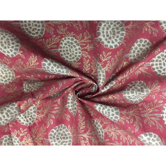 100% Cotton Printed Burgundy with grey floral golden jacquard Fabric 44" wide sold by the yard [11171]
