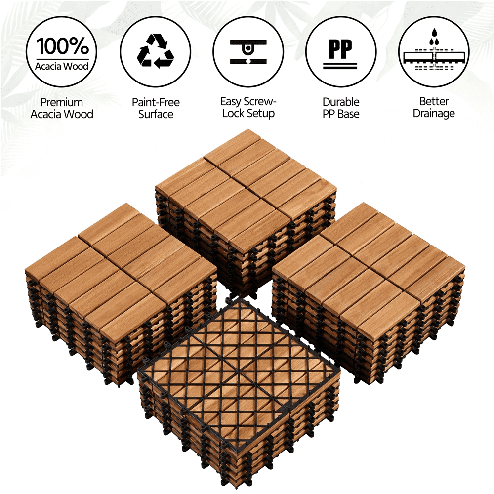 Renwick Pack of 27 Waterproof Wood Flooring Tiles for Patio Garden Deck Poolside, Wood