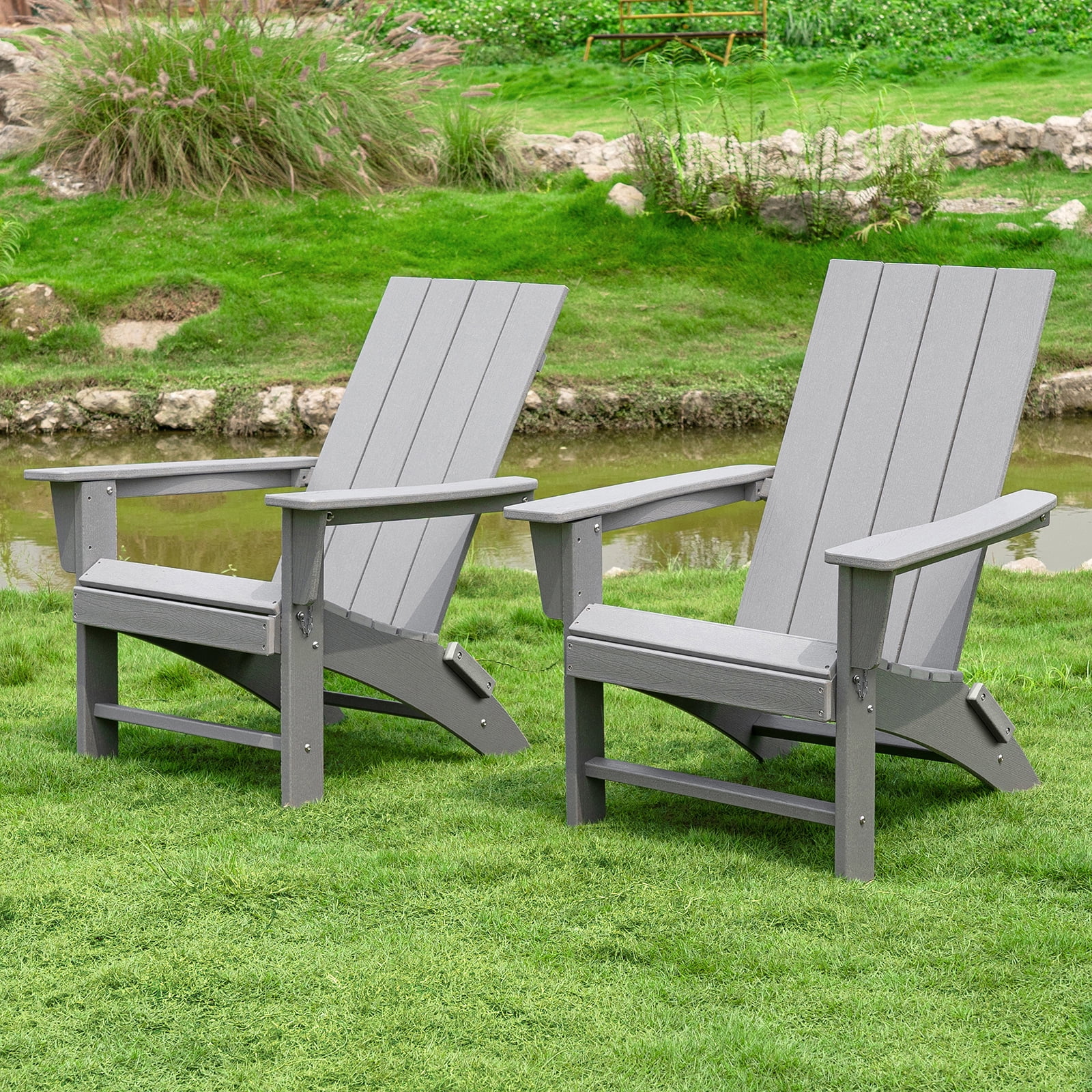 Garpans Folding Adirondack Chairs Set of 2 Weather Resistant Outdoor Adirondack Chair HDPE Outdoor Chair for Patio Front Porch Pool Garden Deck Fire Pit Outside, Gray
