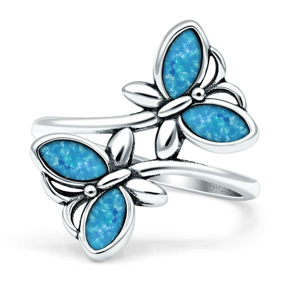 Blue Apple Jewelry Co. Butterfly Women engagement Ring Lab Created Blue Opal 925 Sterling Silver