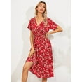 thumbnail image 2 of Robe Bohème pour Femmes Manches Courtes Col en V Petite Imprimé Floral Robes Taille Fermée Mode Féminine Élégante Décontractée Robe pour Dames, 2 of 5