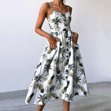 Cotton Fully Lined Sundress - Women's Casual Beach Summer Dresses Solid/Floral Cotton Bohemian Flattering A-Line Swing Spaghetti Strap Button Up Midi Sundress