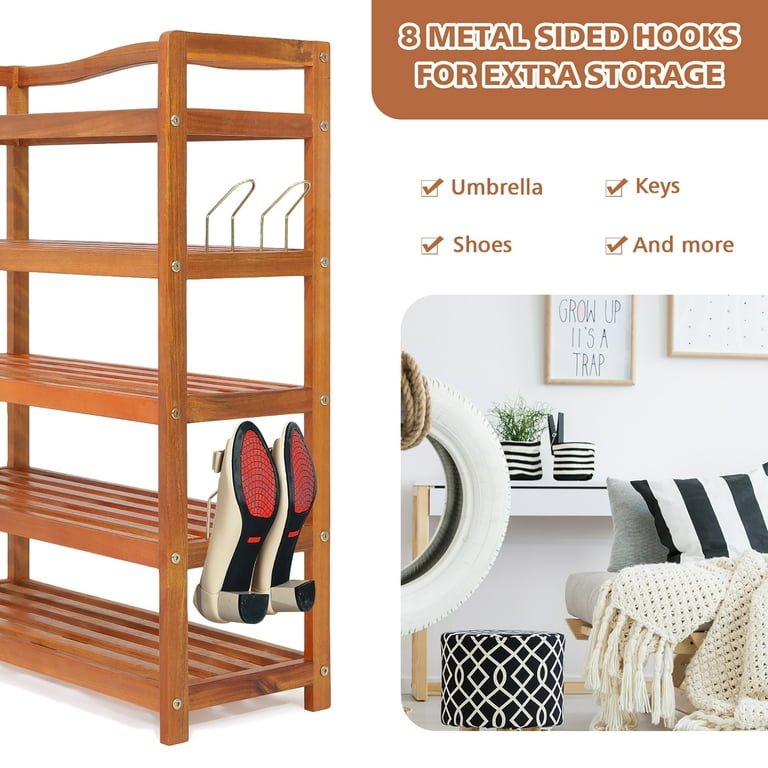 Costway 5-tier Wood Shoe Rack Solid Acacia Wood Shoe Shelf With Side Metal  Hooks : Target