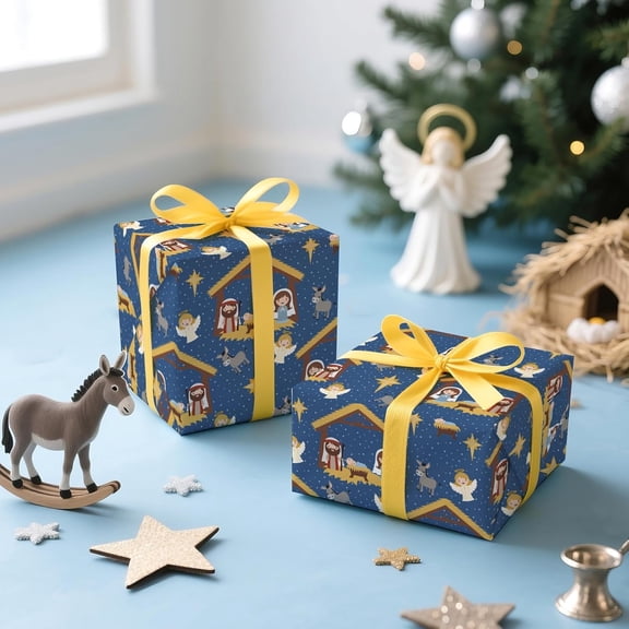Blue Christmas Wrapping Paper Roll Religious Holiday Gift Wrap Craft Art Paper for Party DIY Wrapping Supplies, 58x23in, 1 Roll