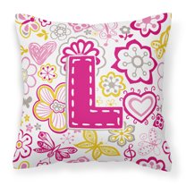 Letter L Flowers and Butterflies Pink Fabric Decorative Pillow
