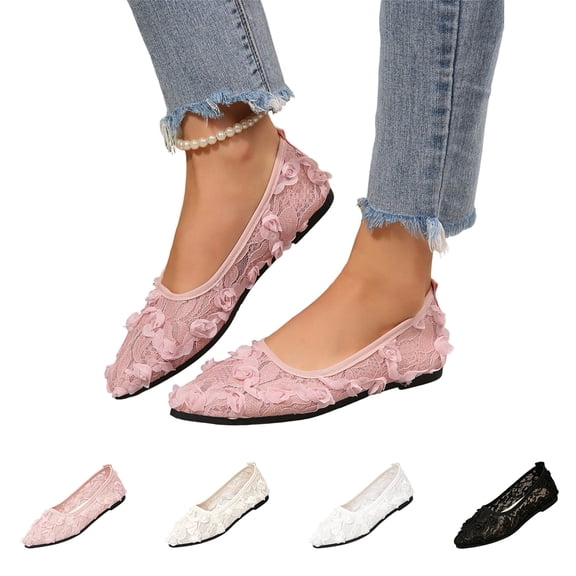 Ballet Flat Shoes for Women Lightweight Comfortable Breathable Mesh Lace Pointed Toe Shoes for Women 40