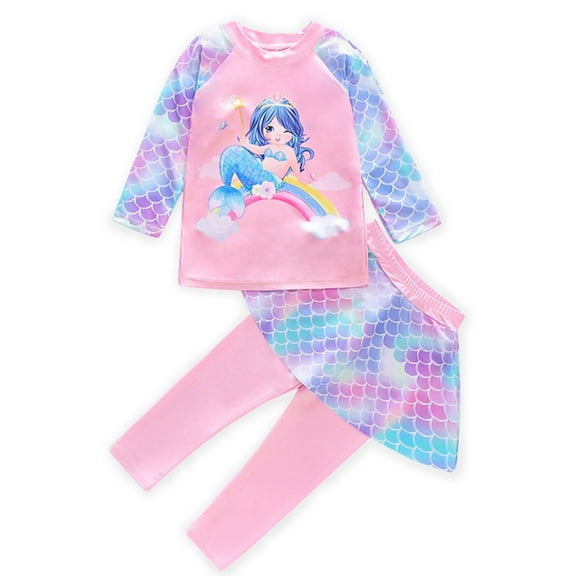 URMAGIC Princess Girls Two Pieces Mermaid Swimsuit 1-8T Kids Long Rashguard Ruffle Skirt Swimwear