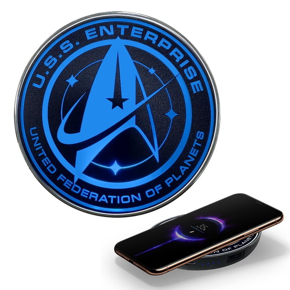 Star Trek Qi Wireless Charger With Illuminated ENTERPRISE Emblem & Built-In Power Bank