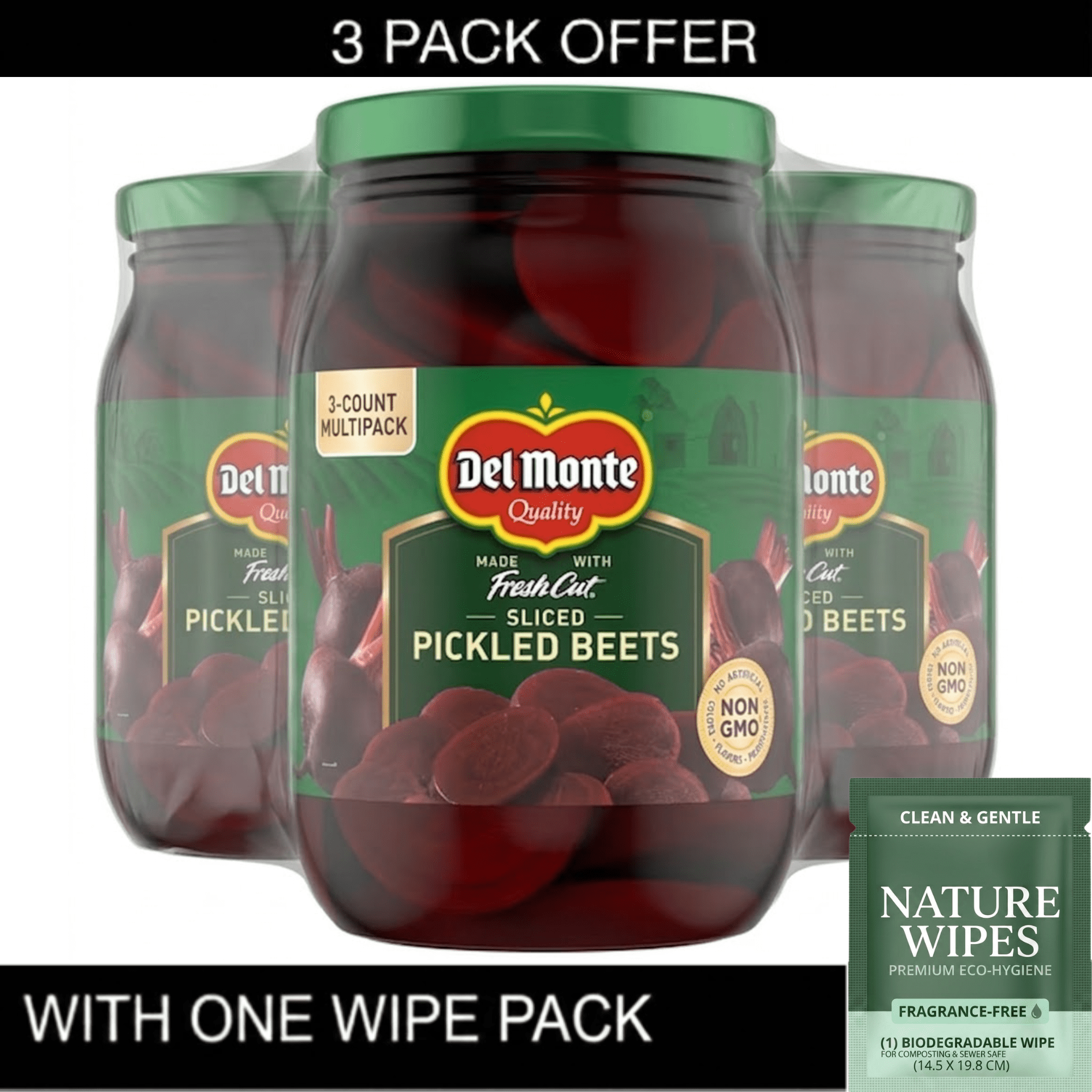 3X Del Monte Sliced Pickled Beets, 16 oz Jar & Wipe Pack