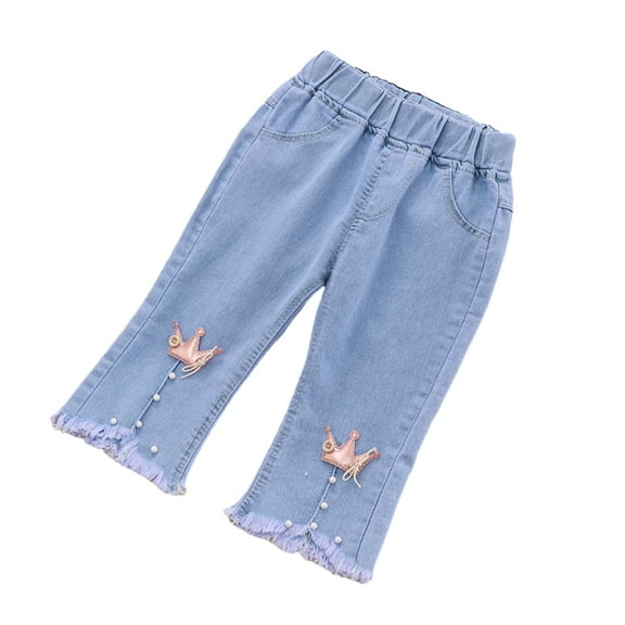 YTDSCS Baby Toddler Jeans Pants for Girls Elastic Waist Straight Denim Pants for 1-5 Years Loose Summer Seven Trousers for Girls
