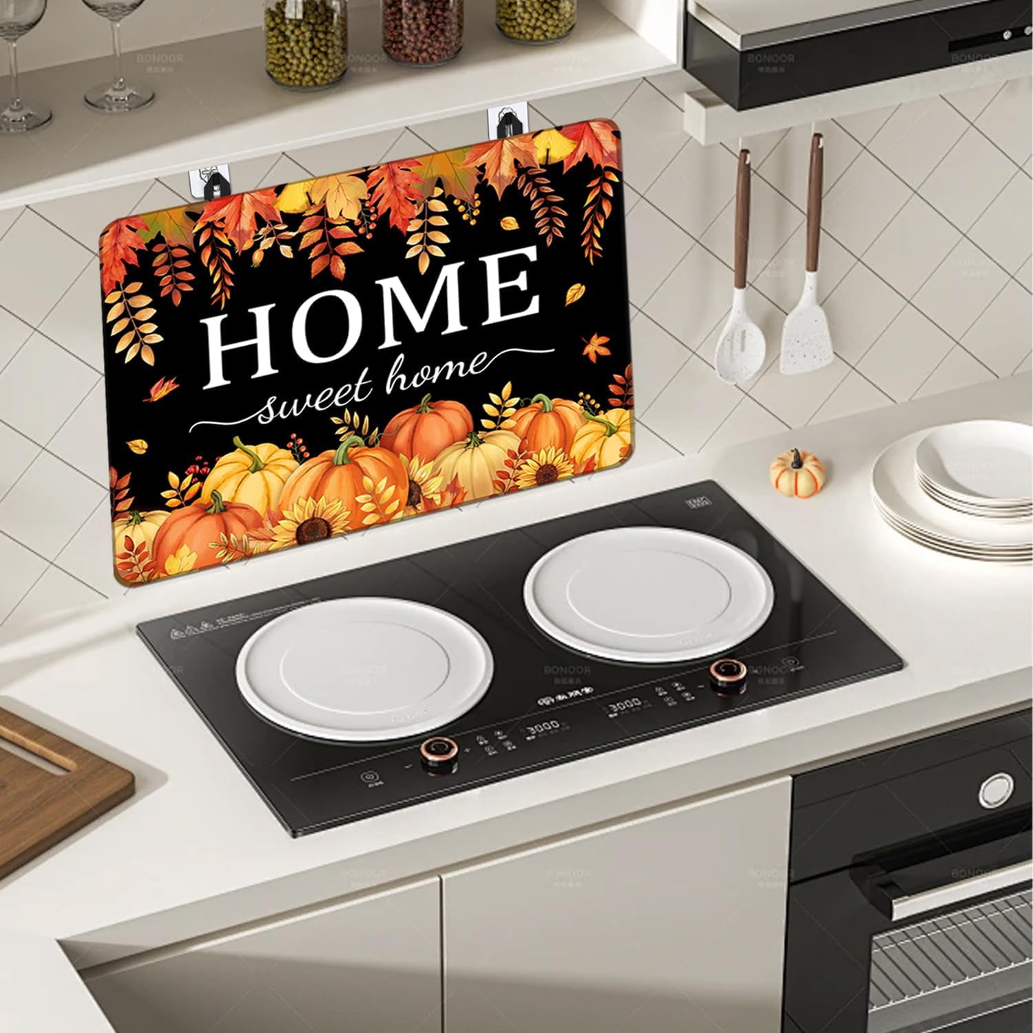 Fall Pumpkin Stove Cover For Electric Stove, 20x28 Glass Stove Top Mat Thanksgiving Heat Resist Electric Gas Range Mat Sweet Home Decor Glass Top Protector Black Kitchen Cooktop Pad