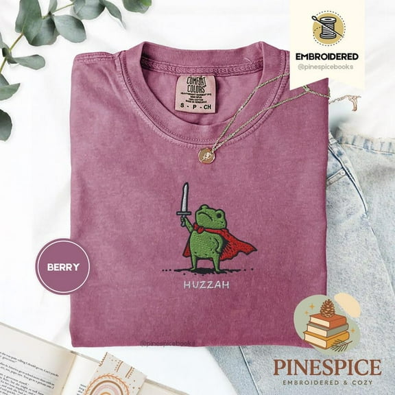 Huzzah Frog with Sword Tee, Embroidered Medieval Frog Shirt, Comfort Colors 1717, Funny DnD T-Shirt, Renaissance Faire Frog Gift