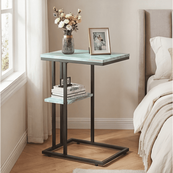 C-Shaped Side Table, Metal Frame Snack Sofa Table, Small Space End Table for Couch Bedside