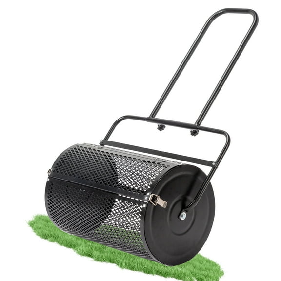Compost Spreader, 24" Peat Moss Spreader with Upgraded Side Latches Support Rod, Top Soil Spreader, Powder Coated Metal Mesh Top Dressing Spreader for Lawn, 2 Way Uses-Push or Tow (Black)