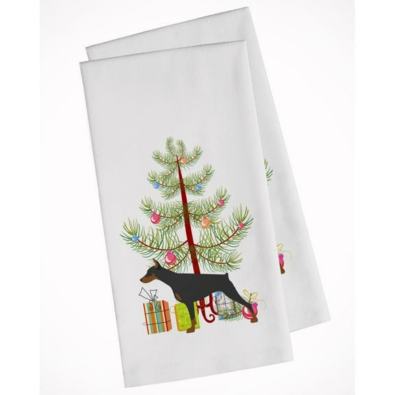 Doberman Pinscher Merry Christmas Tree White Kitchen Towel Set of 2 Dish Towels