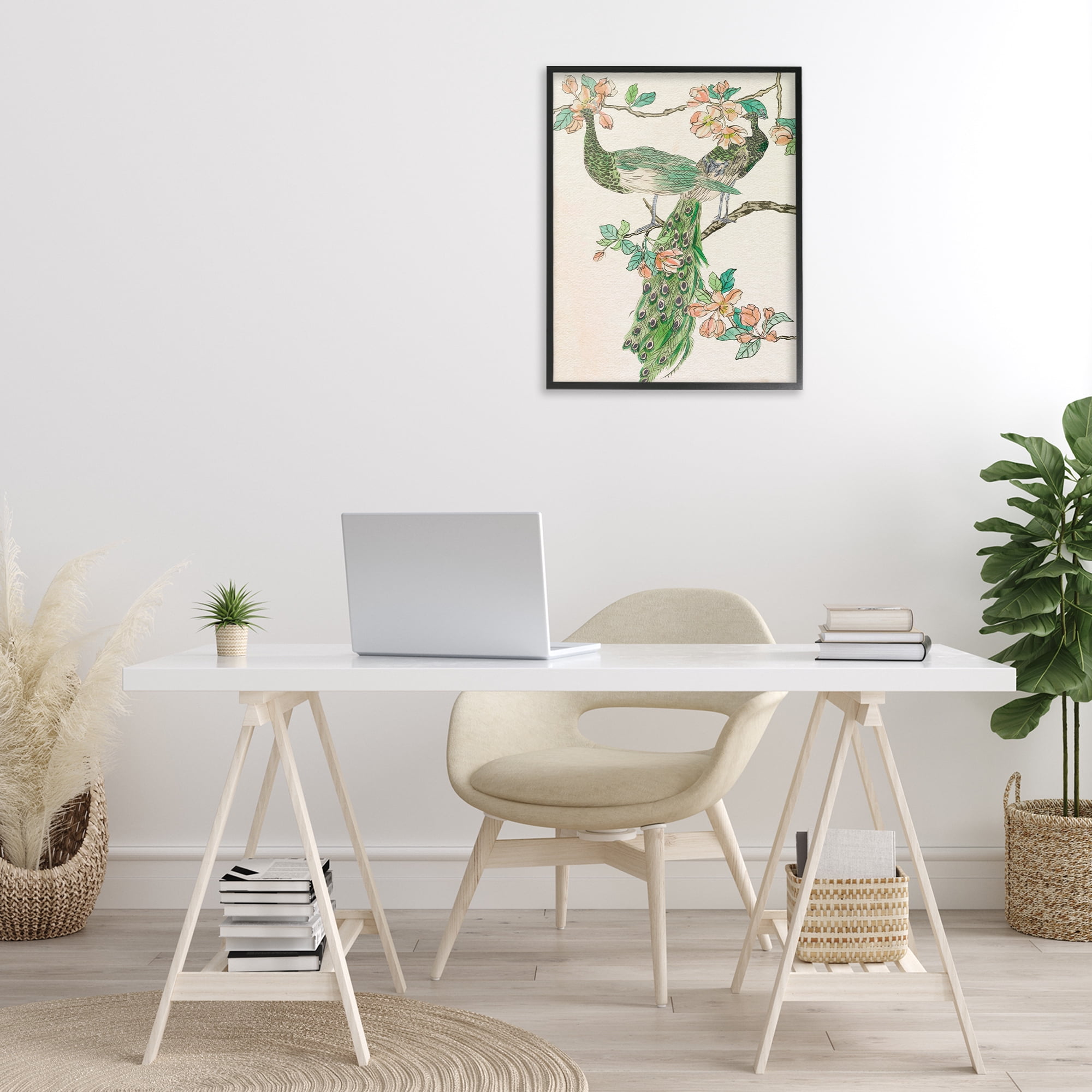 Stupell Industries Peacock & Cherry Blossoms Animals & Insects Painting Black Framed Art Print Wall Art, 24 x 30