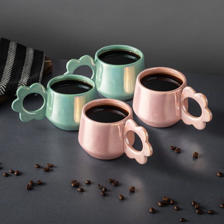 Thyme & Table 4 Pack Pink & Green Pearl Flower Handle Mugs 13.5 fl