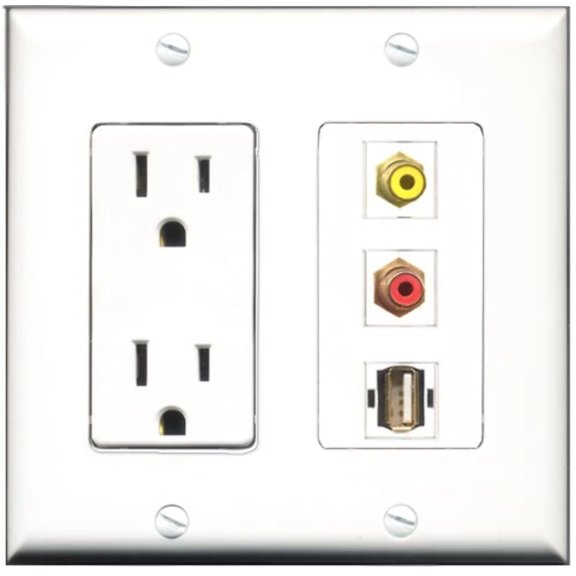 RiteAV - 15 Amp Power Outlet 1 Port RCA Red 1 Port RCA Yellow 1 Port USB A-A Decorative Wall Plate