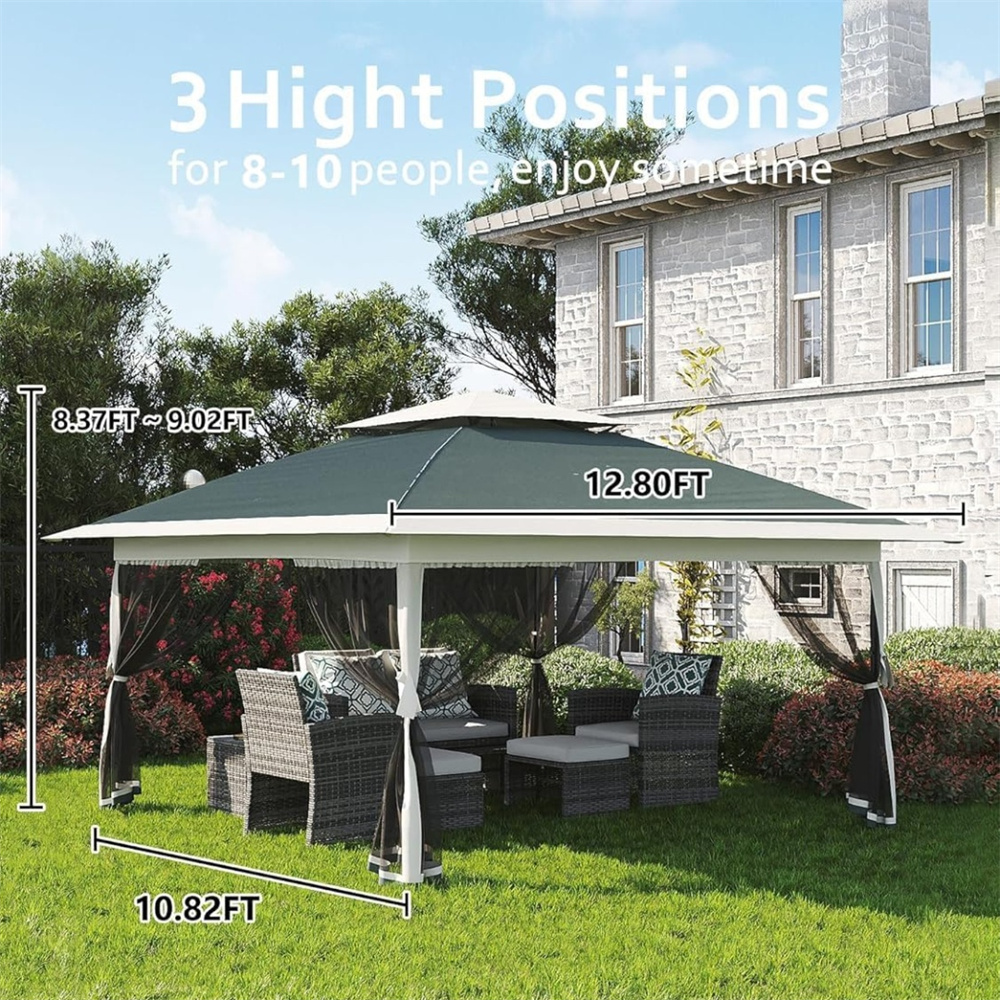 13x13Pop-Up-Gazebo Outdoor Canopy Tent with Mosquito Netting, [Adjustable Height & Spacious] Pop Up Tent with Double Roof, UV-Resistant Outdoor Gazebo for Backyard, Patio, Lawn, Garden, Deck