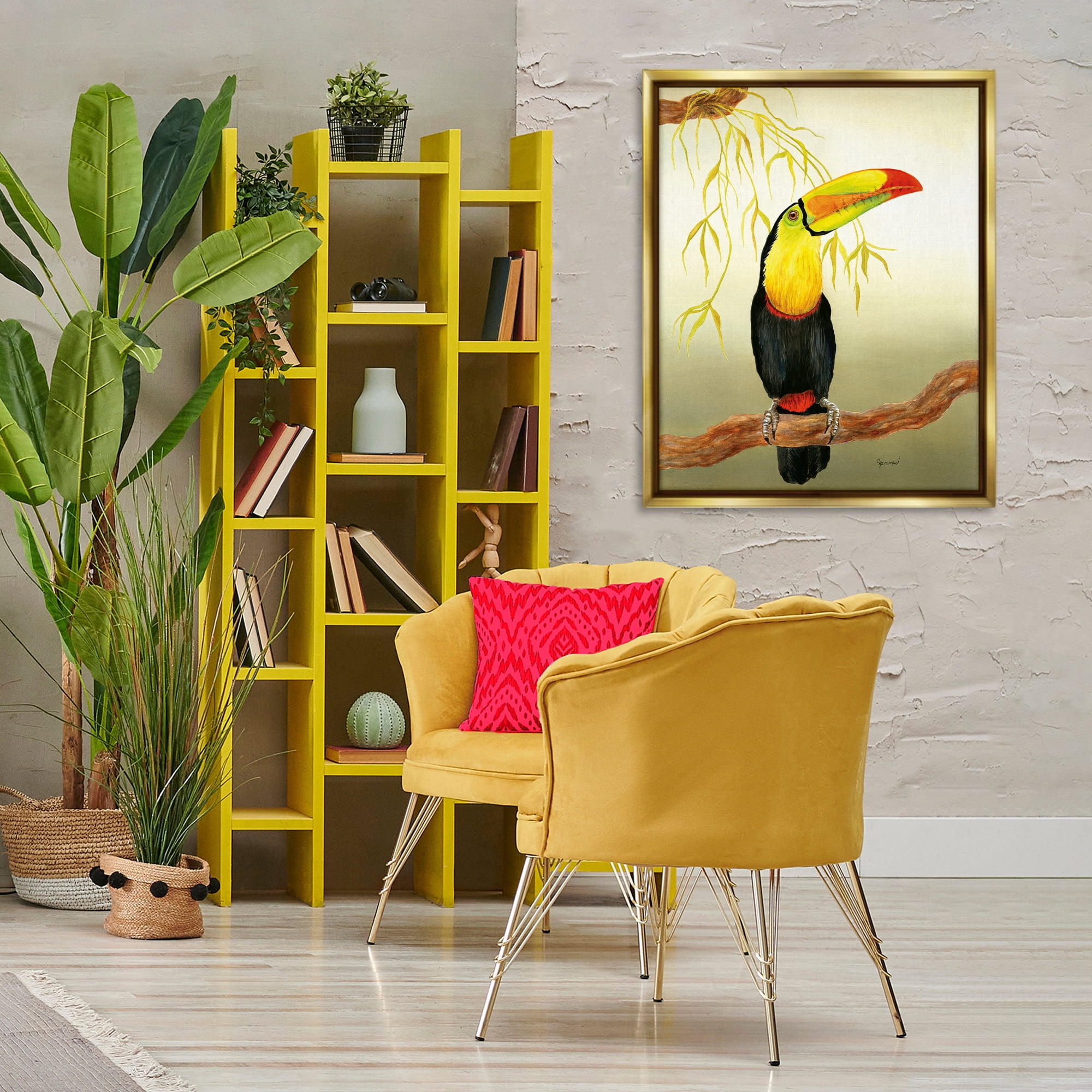 Stupell Industries One Toucan on Branch Animals & Insects Painting Gold Floater Framed Canvas Art Print Wall Art, 25 x 31