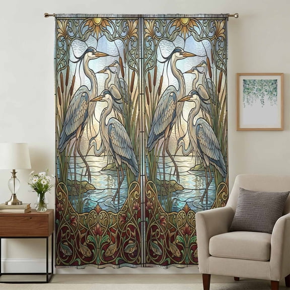 Vintage Cranes Sheer Curtains 108 Inches Extra Long, Country Retro Chic Glass Flower Textured Light Filering Curtains, Privacy Drapes Simi Floor to Veiling Curtain for Living Room Window Treatment