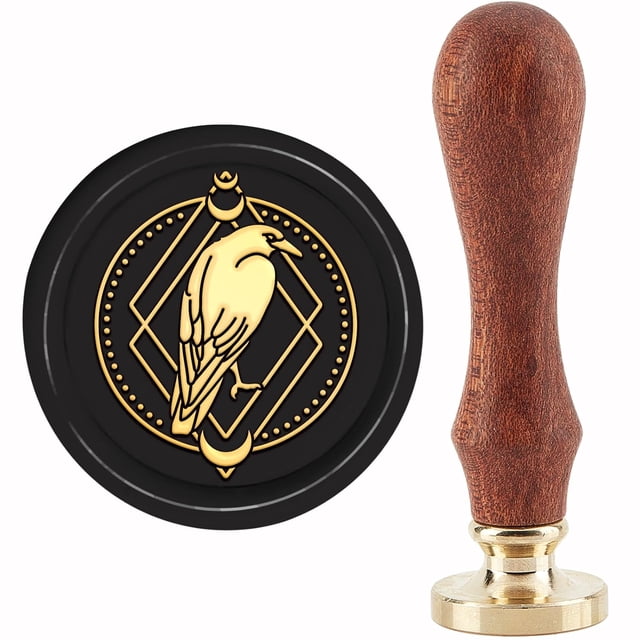 Sello de lacre con forma de cuervo - Sello de lacre extraíble de latón de 30 mm con cabeza de cuervo y luna, mango de madera, ideal para sobres de boda, invitaciones, tarjetas y regalos.