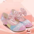 thumbnail image 5 of Xfvqtps Kids Girls Dress Shoes Chunky Low Heels Hook and Loop Sequins Bow Color Block Colorful Glitter Sparkling Ballet Performance Casual Wedding Party Mary Jane Princess Shoes Pink, 5 of 9