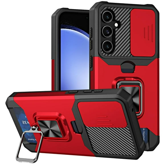 Military Grade All-In-One Ring Stand Card Case for Samsung Galaxy S25 Plus - Red