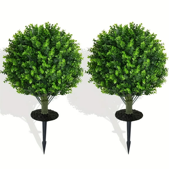 Artificial Boxwood Topiary Ball Tree with Ground Spike, Set of 2 Artificial Shrub Bushes, Fake Evergreen Tree for Porch, Artificial  for Indoor Outdoor Planters, Front Porch Garden