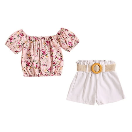 

Here You Are Baby Kids Toddler Baby Girls Short Bubble Sleeve Floral Print Tops Bowknot Solid Shorts Pants With Belt 3PCS Set