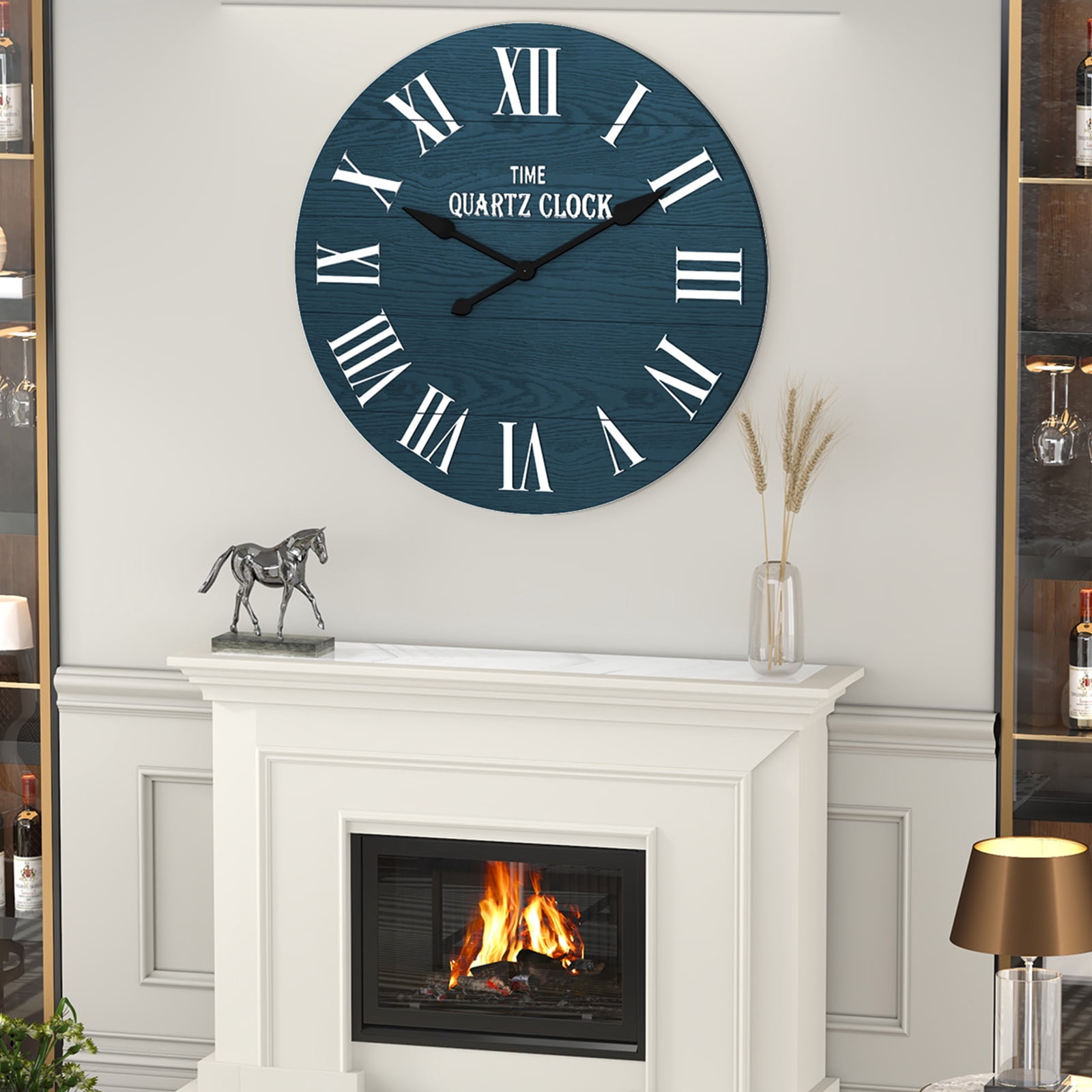 HLR 35.5” Farmhouse Large Shiplap Round Wall Clock with Roman Numeral for Living Room Decor, Navy Blue