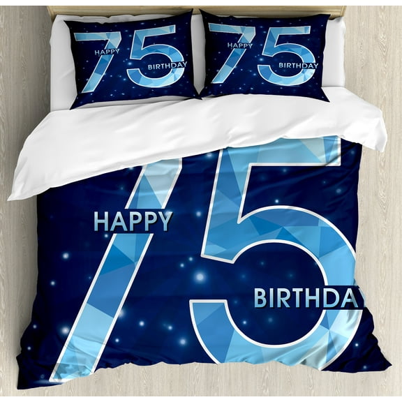 75th Birthday Duvet Cover Set, Geometric and Abstract Design in Blue Colors with Stars Background, Decorative 3 Piece Bedding Set with 2 Pillow Shams, Queen Size, Dark Blue Pale Blue, by Ambesonne