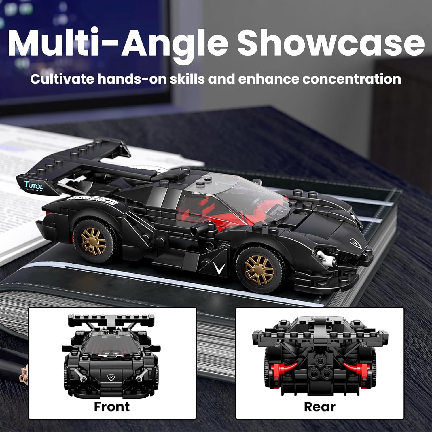Super Sports Car Building Set with Display Case, 355 Piece Race Car Model Construction Toy,Collectible Vehicle Building Blocks Kit