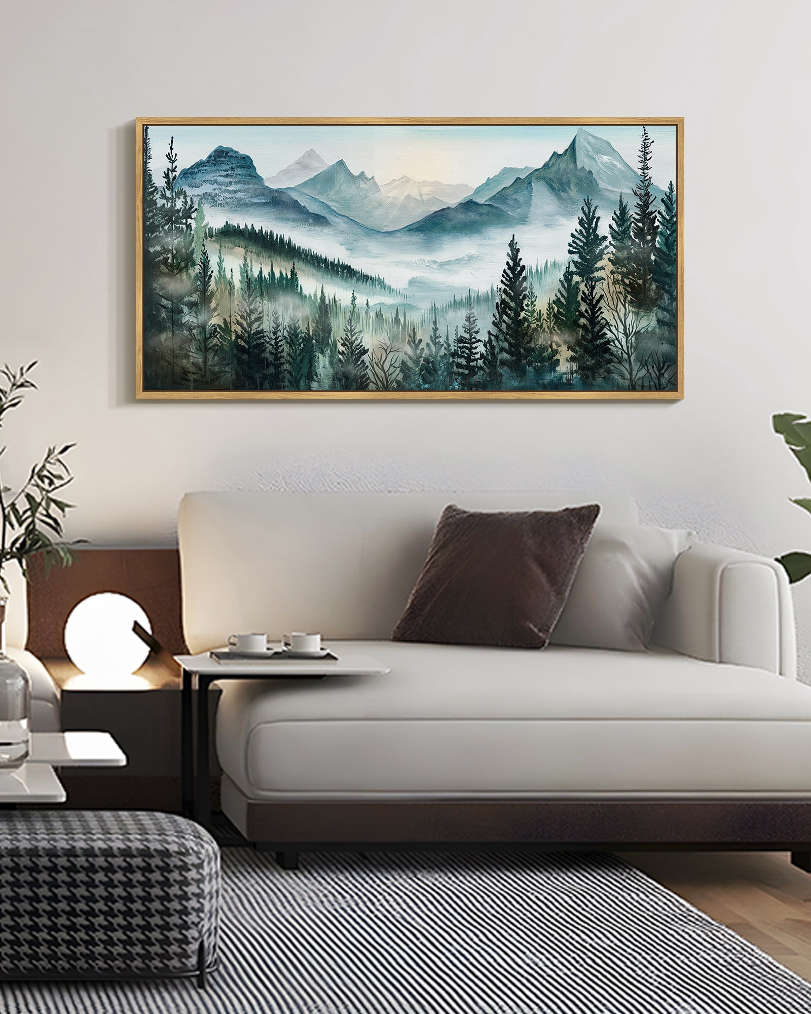 SHENIFY Landscape Mountain Range Wall Art 20x40in Natural Framed Set Watercolor Foggy Pine Tree Forest Nature Scenry Mist Wilderness Farmhouse Rustic Modern Decorative
