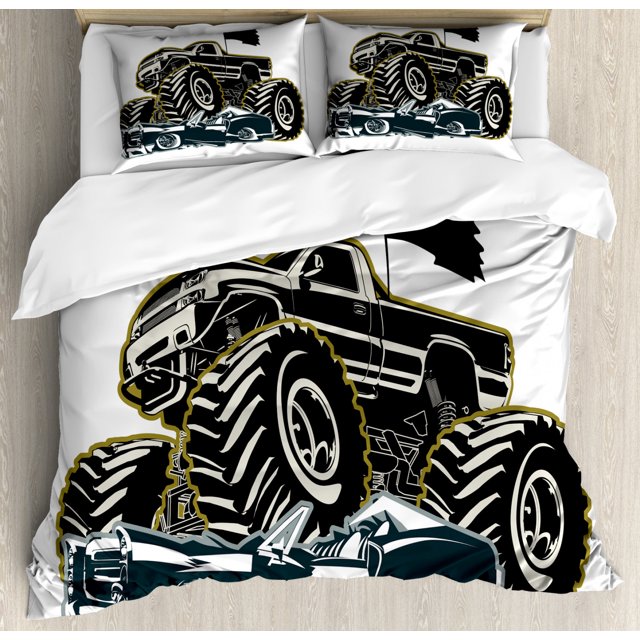 Monster Truck Duvet Cover Set Queen Size, Rubber Tyre Car Flattening a