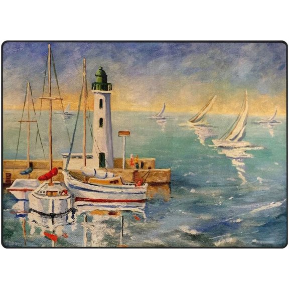 SKYSONIC Sailboat Lighthouse Area Rug 80"x58" Pet & Child Friendly Carpet ,Indoor Outdoor Soft Rug Washable Non Slip Comfortable Area Rug