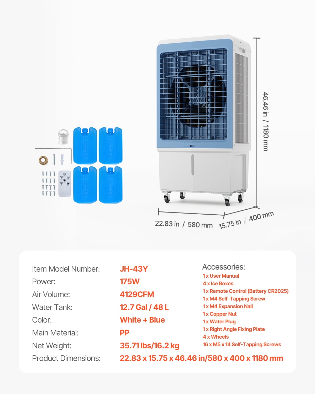 VEVOR Evaporative Air Cooler, 4129 CFM with 12.7 Gallon Water Tank Swamp Cooler, Portable Cooling Fan with Remote Control,3 Speeds