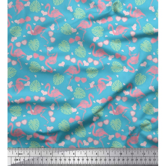 Soimoi Blue Poly Georgette Fabric Monstera Leaves & Flamingo Bird Fabric Prints By Yard 42 Inch Wide