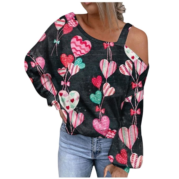 Penkiiy Womens Valentine Day Sweatshirt Off-shoulder Shirt Graphic Long Sleeve Pullover Tops S Black