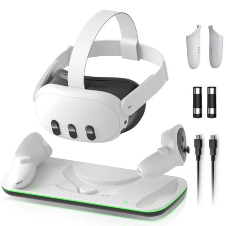 Upgrade Charging Dock for Meta Quest 3 Headset and 2 Controllers, High Speed VR Headset Charging Stand Compatible with Meta Quest 3 Charger Station USB-C Link Cable RGB Light