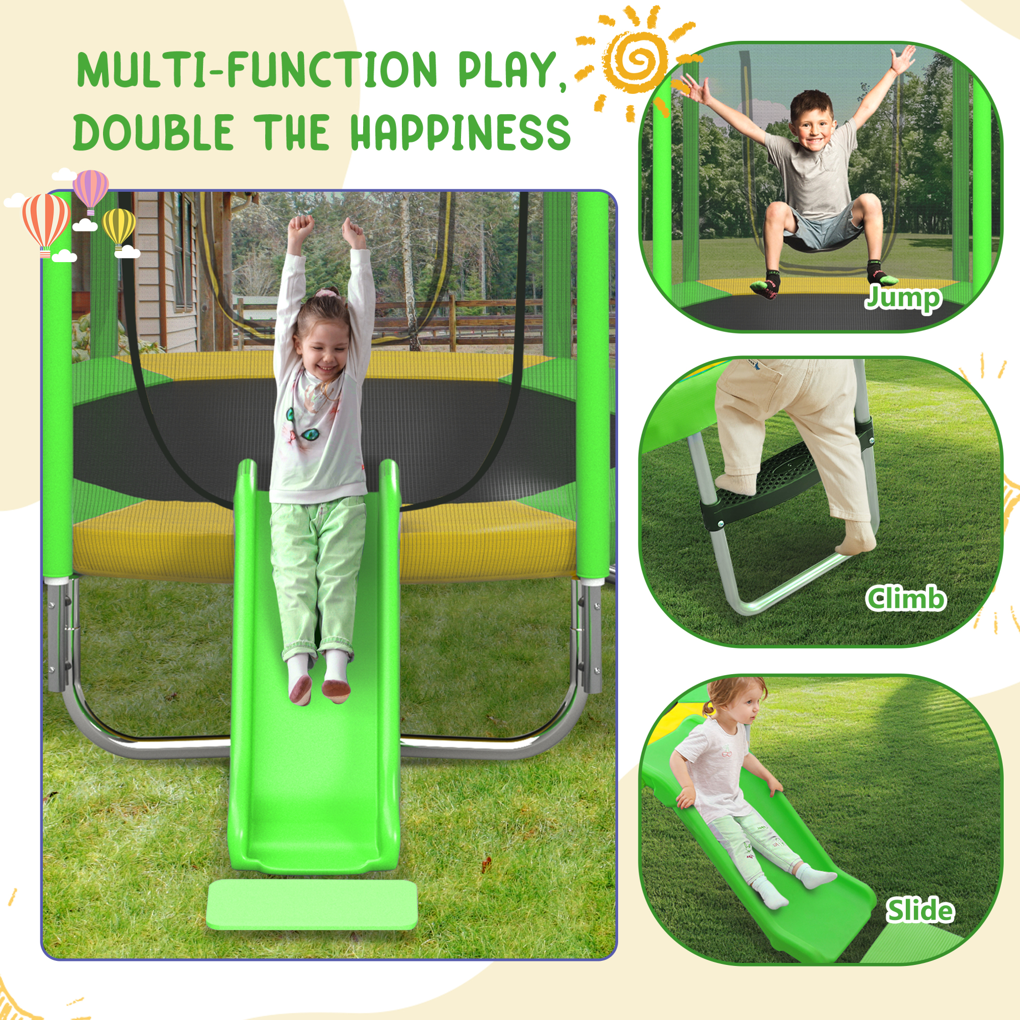 Arspjes 7FT Trampoline for Kids,Outdoor Recreational Trampolines with Safety Enclosure Net,Mini Trampoline with Slide and Ladder,Green