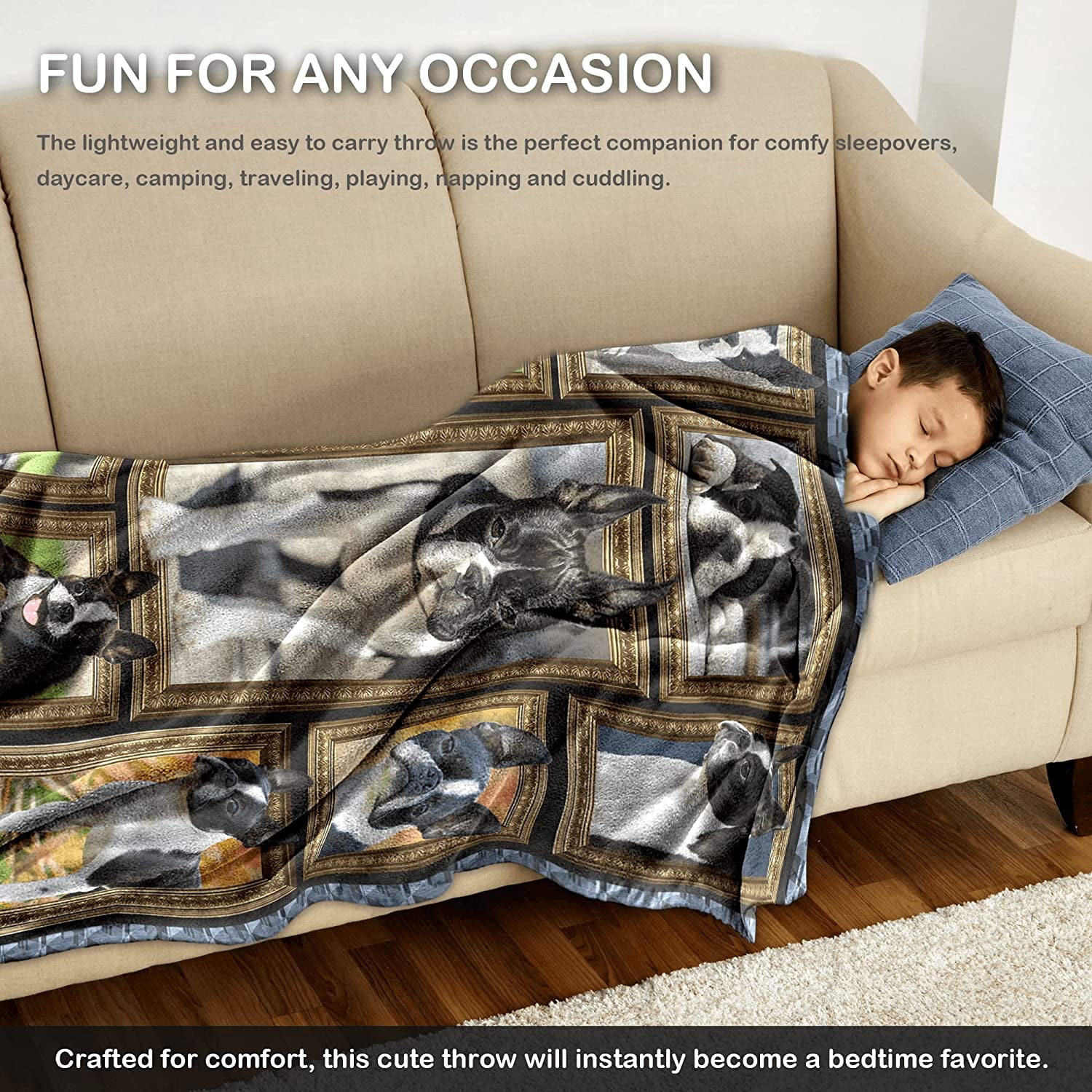 Boston Terrier Dog Blanket for Kids, Cute Soft Cozy Warm Flannel Throw Blanket for Girls Boys, Toddler Baby Blankets and Throws for Couch Bed Daycare Preschool Naptime, 40" x 50"